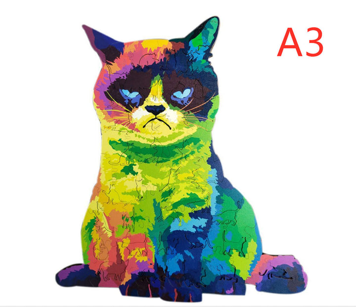 Colorful cat painting with A3 label on a white background.