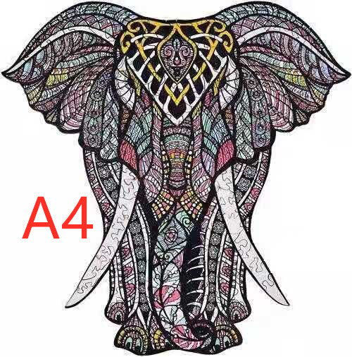 Colorful elephant design with intricate patterns on a white background, labeled A4.