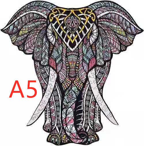 Colorful elephant design with intricate patterns on a white background, labeled A5.