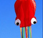 Red kite shaped like an octopus with googly eyes against a blue sky.
