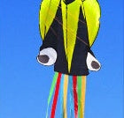 Kite with a yellow body, black face, and colorful tail against a blue sky.
