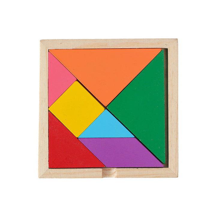 Colorful wooden tangram puzzle on a white background.