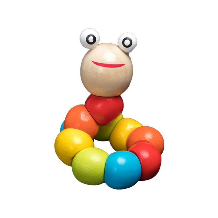Colorful wooden toy caterpillar on a white background.