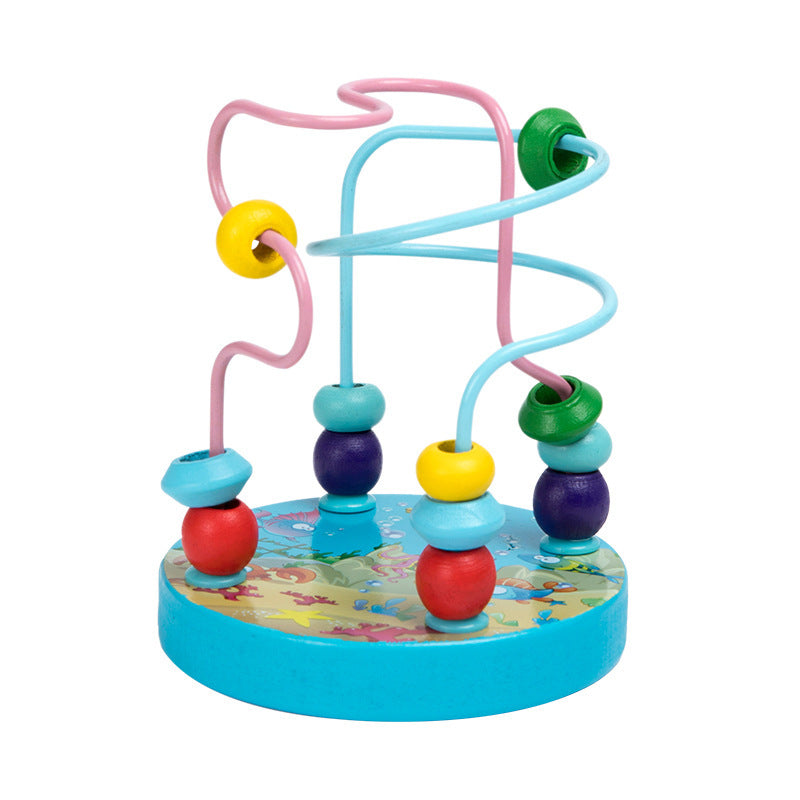 Colorful bead maze toy on a white background.