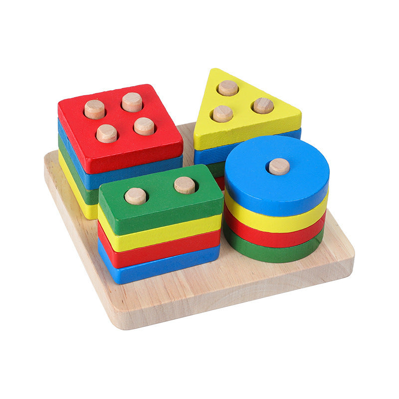 Colorful wooden geometric shape sorting toy on a white background.