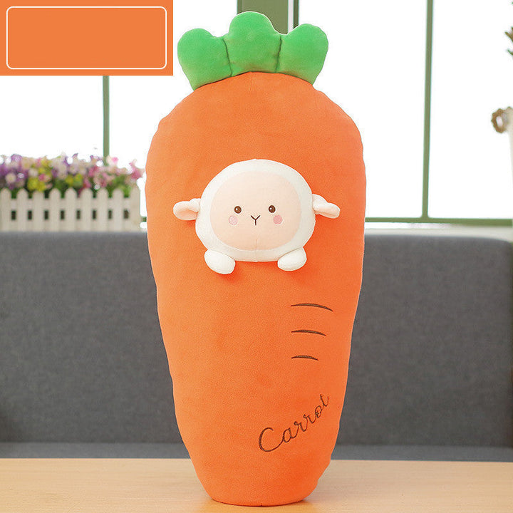 Carrot-shaped plush toy with a small white creature on a wooden surface.