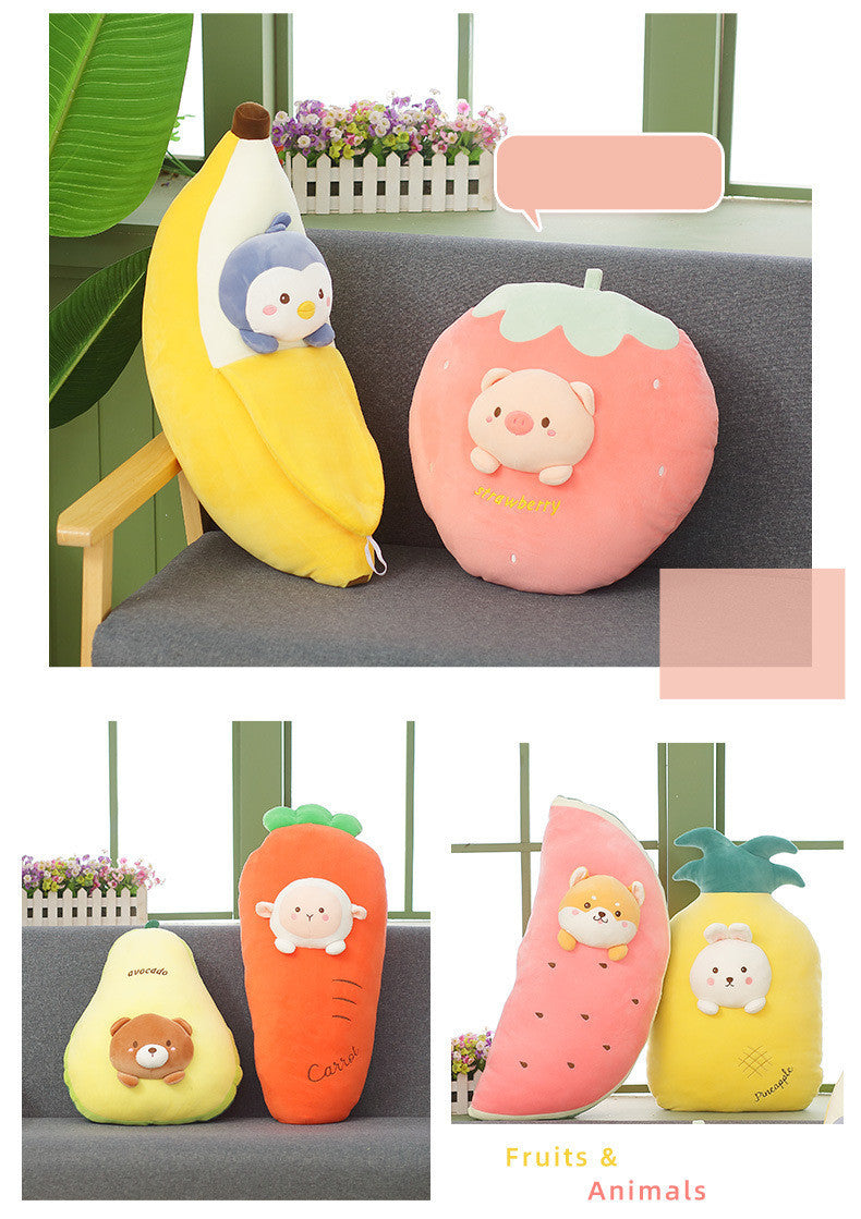 Plush toys shaped like fruits and animals on a couch with a decorative background.