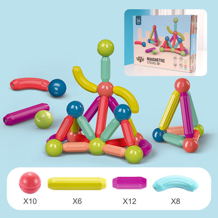 Colorful magnetic building sticks with packaging and component count on a light blue background.