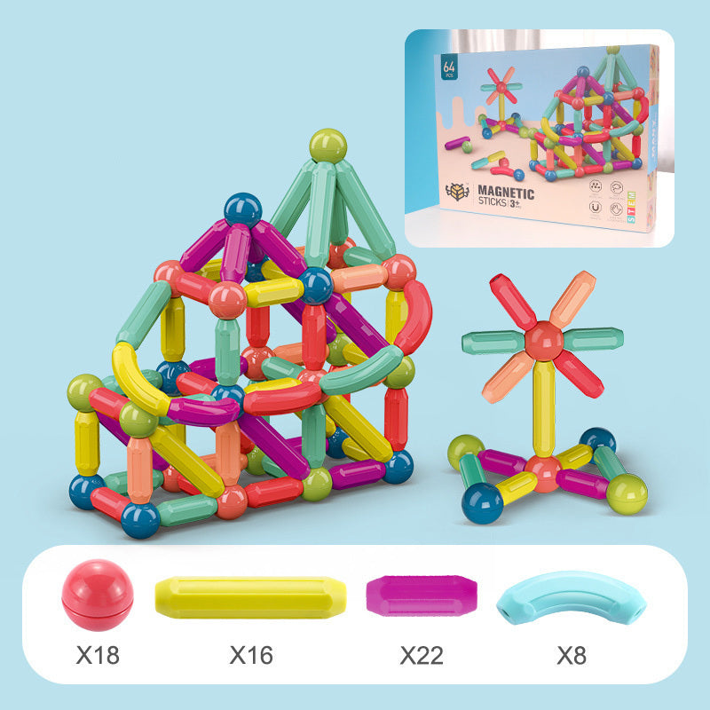 Colorful magnetic building sticks set with packaging and component count on a light blue background.