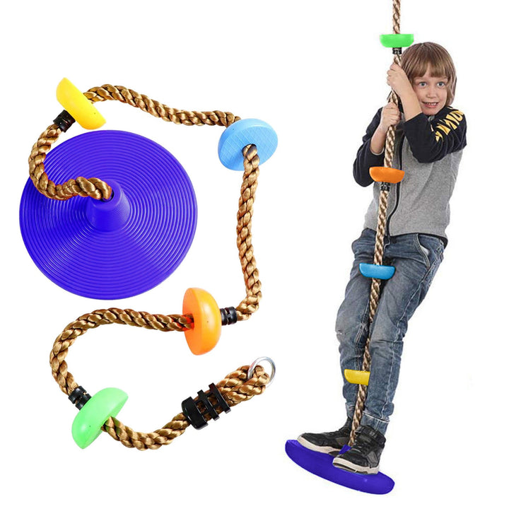 Child playing with a rope and disc toy on a white background.