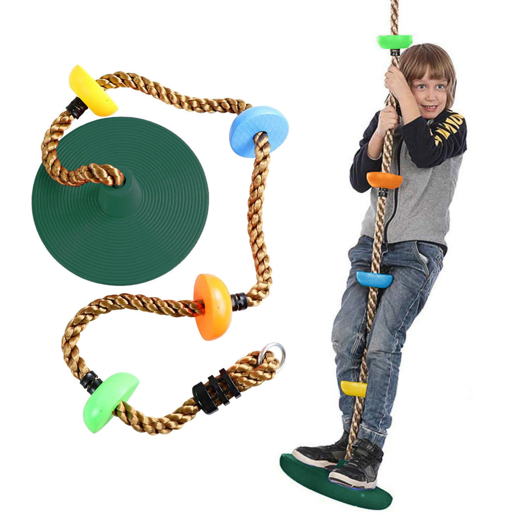 Child climbing a rope toy with colorful plastic nodes on a white background.