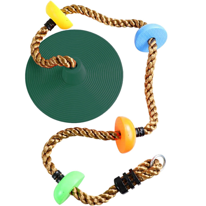 Dog toy with green disc, yellow, blue, and orange plastic rings, and braided rope on a white background.