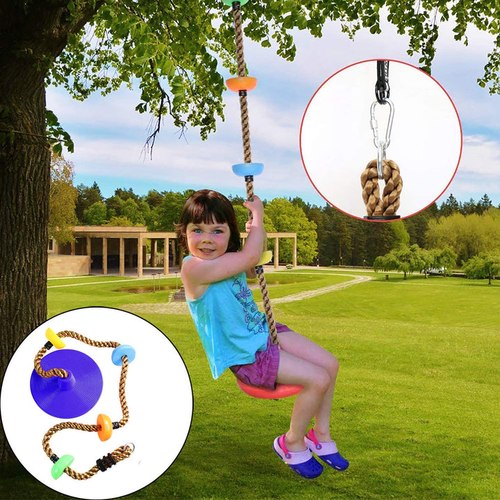 Child on a rope swing with close-up insets of the swing and its components in a park setting.