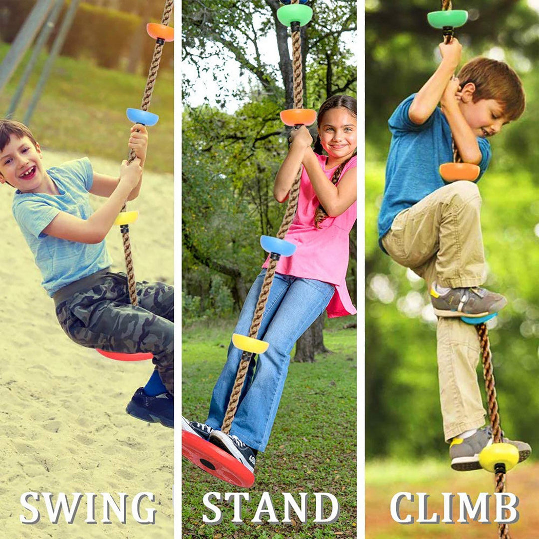 Three children using a rope swing stand in different activities: swinging, standing, and climbing.