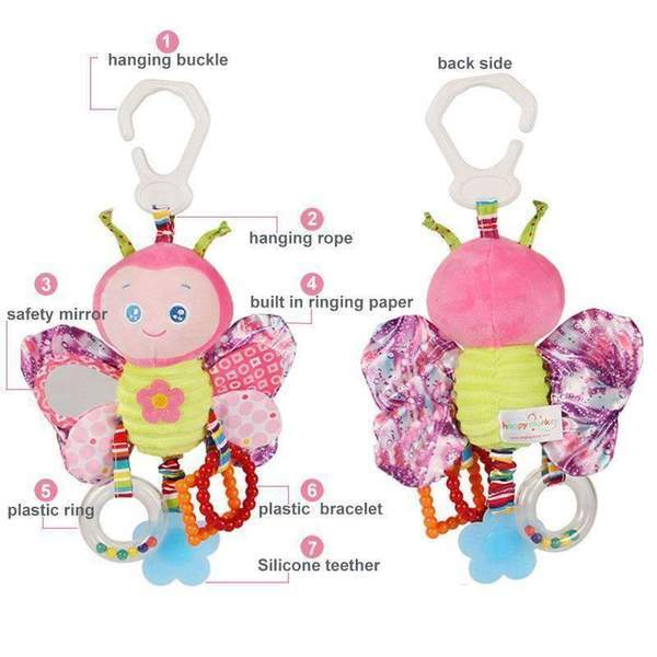 Butterfly-shaped baby rattle with labeled parts on a white background.