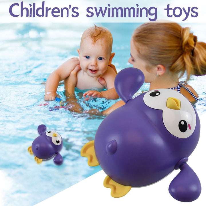 Children playing with purple penguin toys in a pool, with text Children's swimming toys.