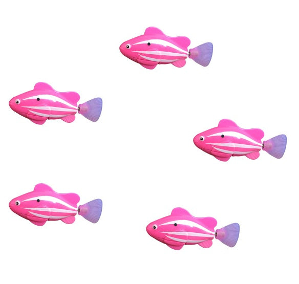 Five pink and purple striped fish toys on a white background.