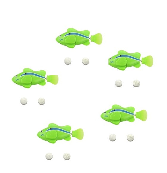 Four green toy fish with blue stripes on a white background.
