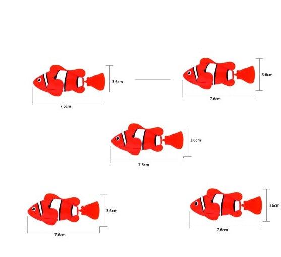 Red clownfish illustrations with measurements on a white background.
