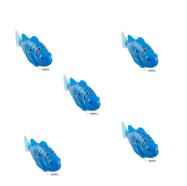 Five blue toy fish with batteries on a white background.