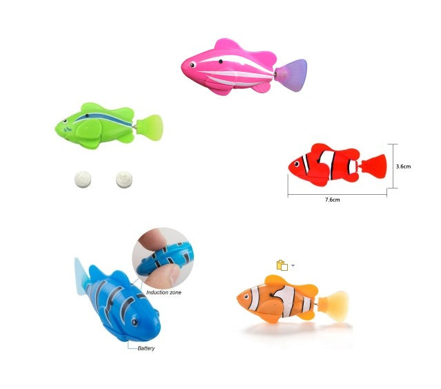 Set of colorful toy fish with measurements on a white background.