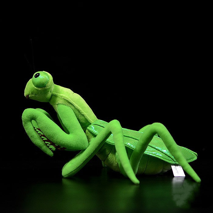 Green plush toy mantis on a black background.