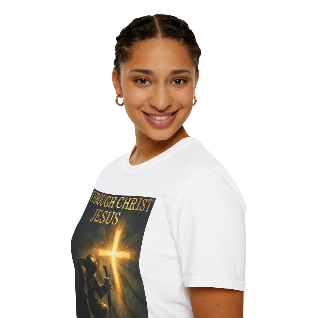 Christian Knight T-Shirt — "Through Christ Jesus" Front and "I Am Saved" Back