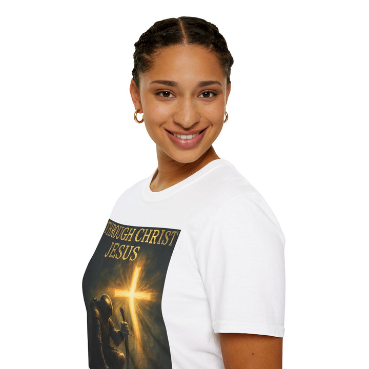 Christian Knight T-Shirt — "Through Christ Jesus" Front and "I Am Saved" Back