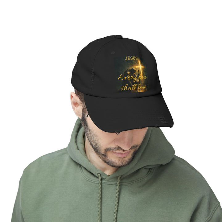 Jesus Cross Distressed Cap — "Every Knee Shall Bow" Christian Hat