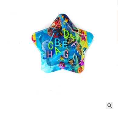 Star-shaped balloon with colorful letters on a white background.