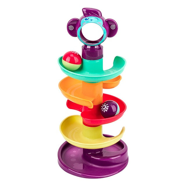 Colorful toy spiral with multiple levels and balls on a white background.