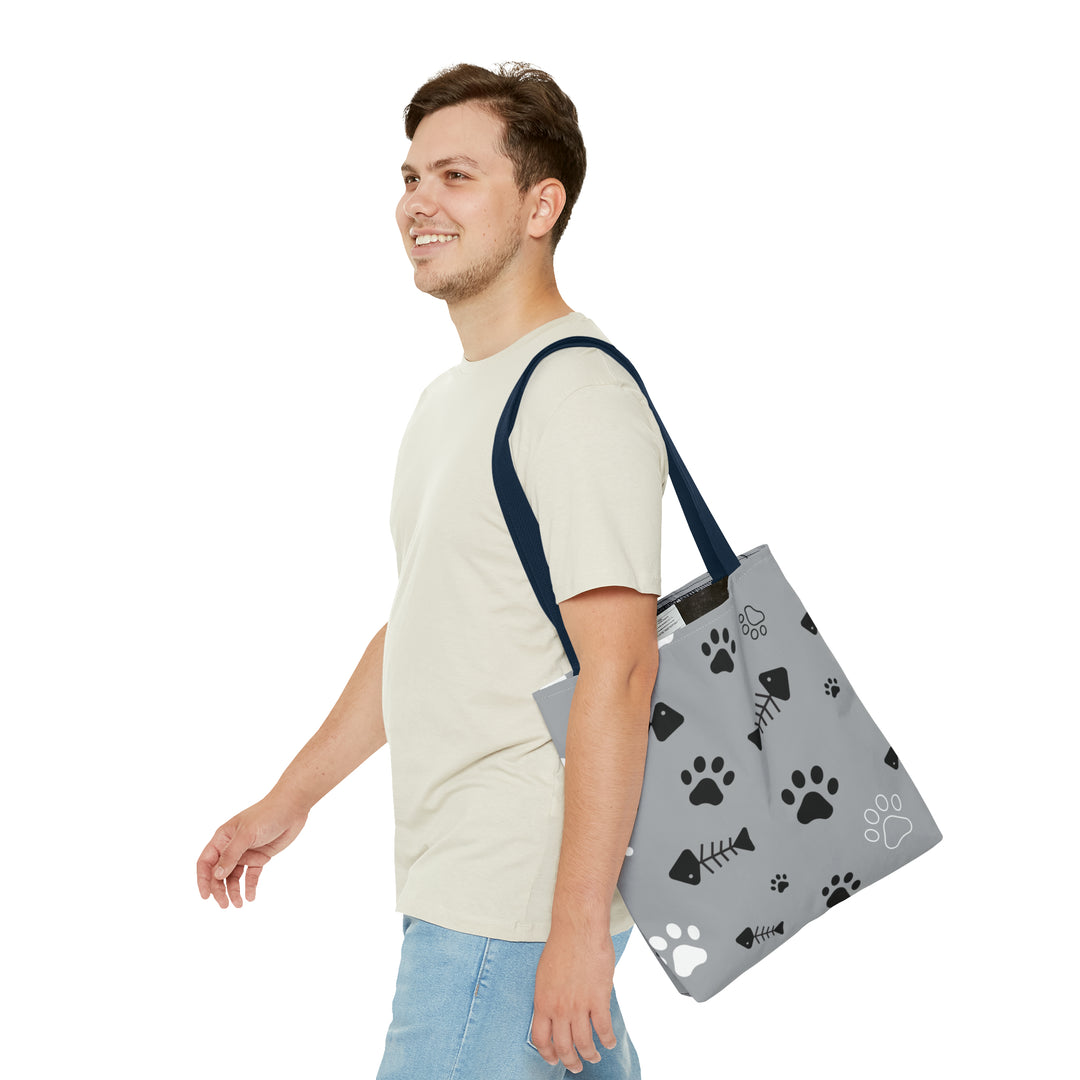 Paws and Fish Gray Pattern Tote Bag (AOP)