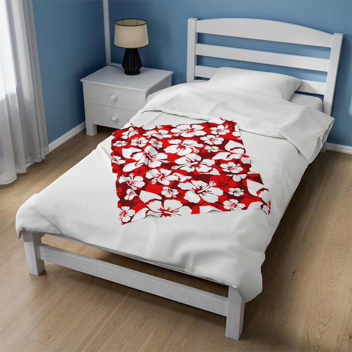 Red and White Hibiscus Velveteen Plush Blanket
