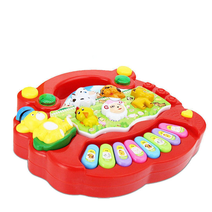 Colorful toy piano with animal illustrations on a white background.