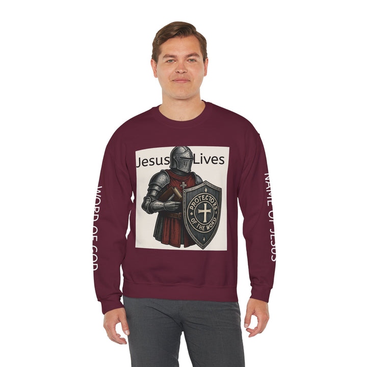 Knight Shield Crewneck Sweatshirt — "Protectors of the Word Jesus Lives"