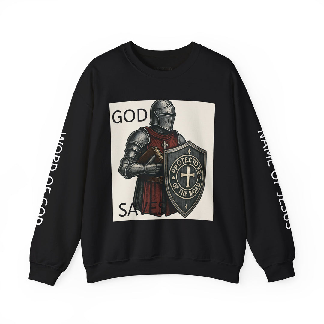 Knight Shield Crewneck Sweatshirt — "Protectors of the Word" Christian Armor Design