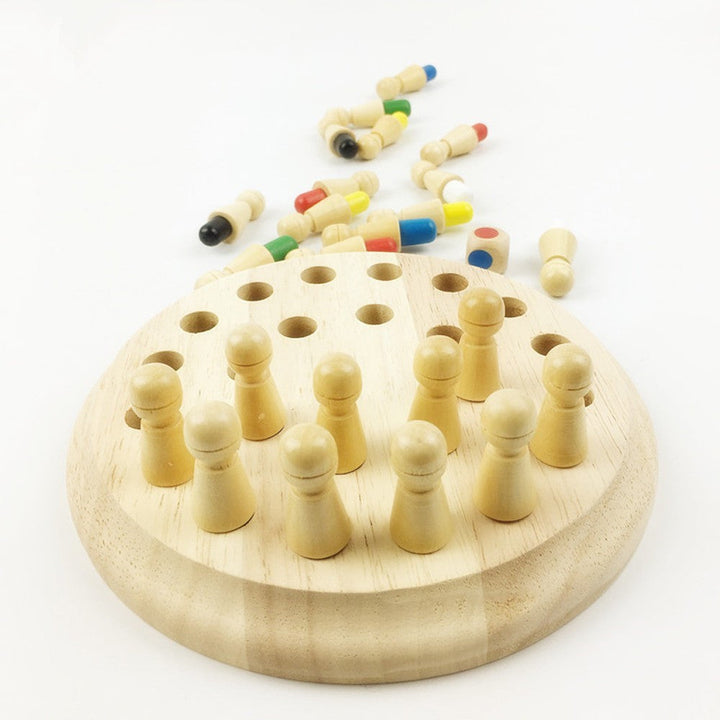 Wooden peg puzzle with colorful pegs on a white background.