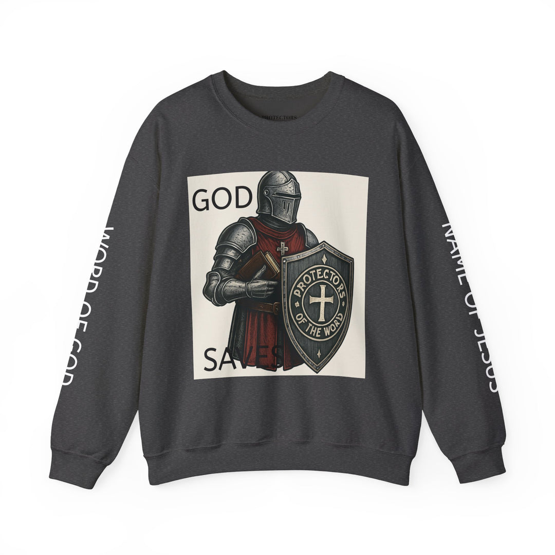 Knight Shield Crewneck Sweatshirt — "Protectors of the Word" Christian Armor Design