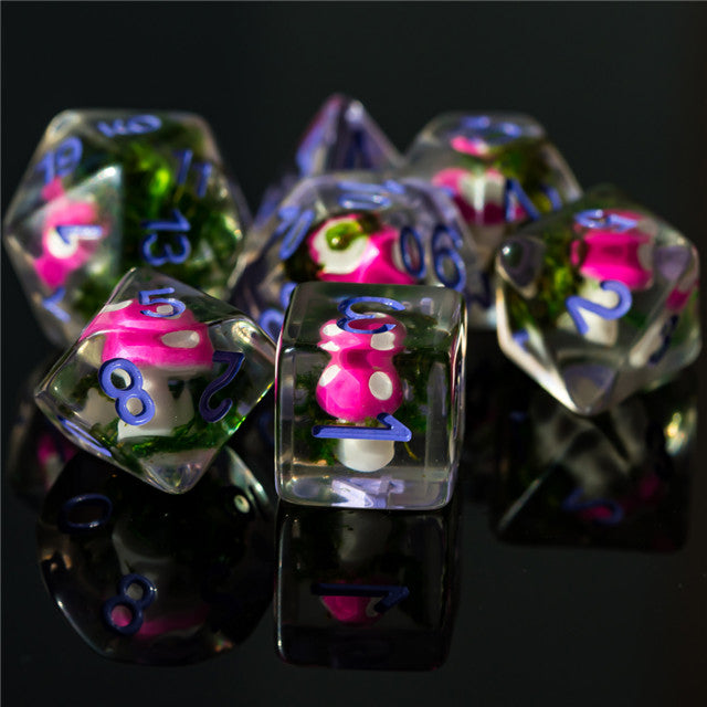 Pink Mushroom Dice Clear Green Vine w/Lavender Numbers 7-Dice Set Rpg
