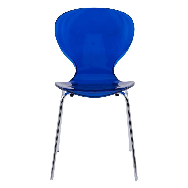 LeisureMod 5-Piece Dining Set Round White MDF Dining Table and 4 Plastic Dining Chairs with Chrome Legs Transparent Blue Front Chair View.