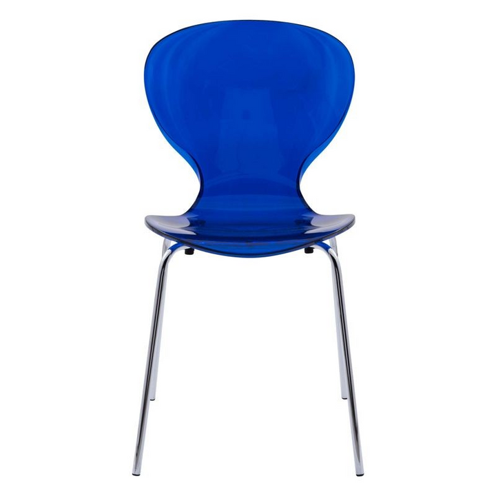 LeisureMod 5-Piece Dining Set Round White MDF Dining Table and 4 Plastic Dining Chairs with Chrome Legs Transparent Blue Front Chair View.