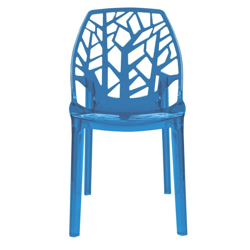 LeisureMod Cornelia Modern Spring Cut-Out Tree Design Stackable Dining Chair Transparent Blue Front View.