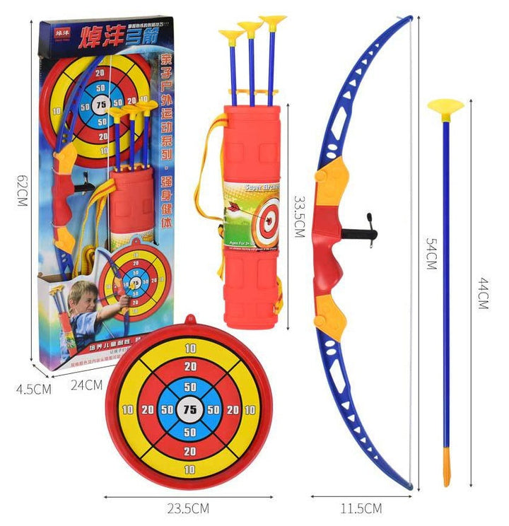 Children's archery set with bow, arrows, and target, including packaging and measurements.