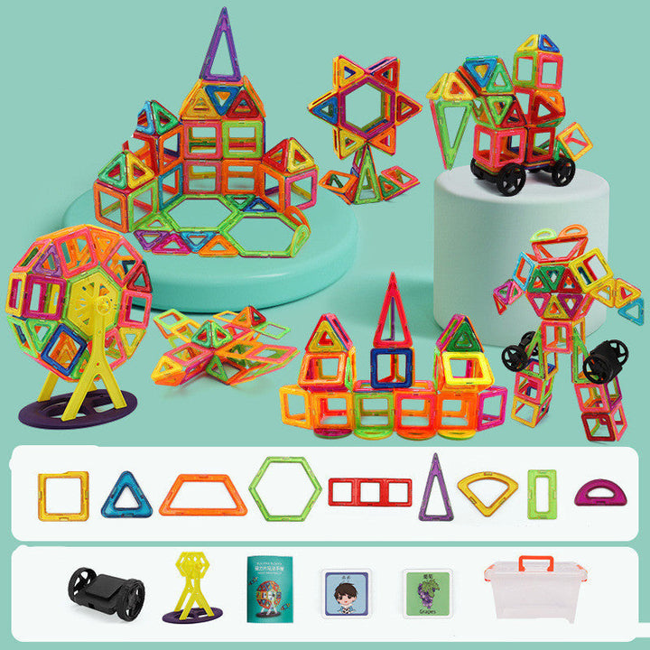Colorful magnetic building blocks set on a light green background with geometric shape illustrations.