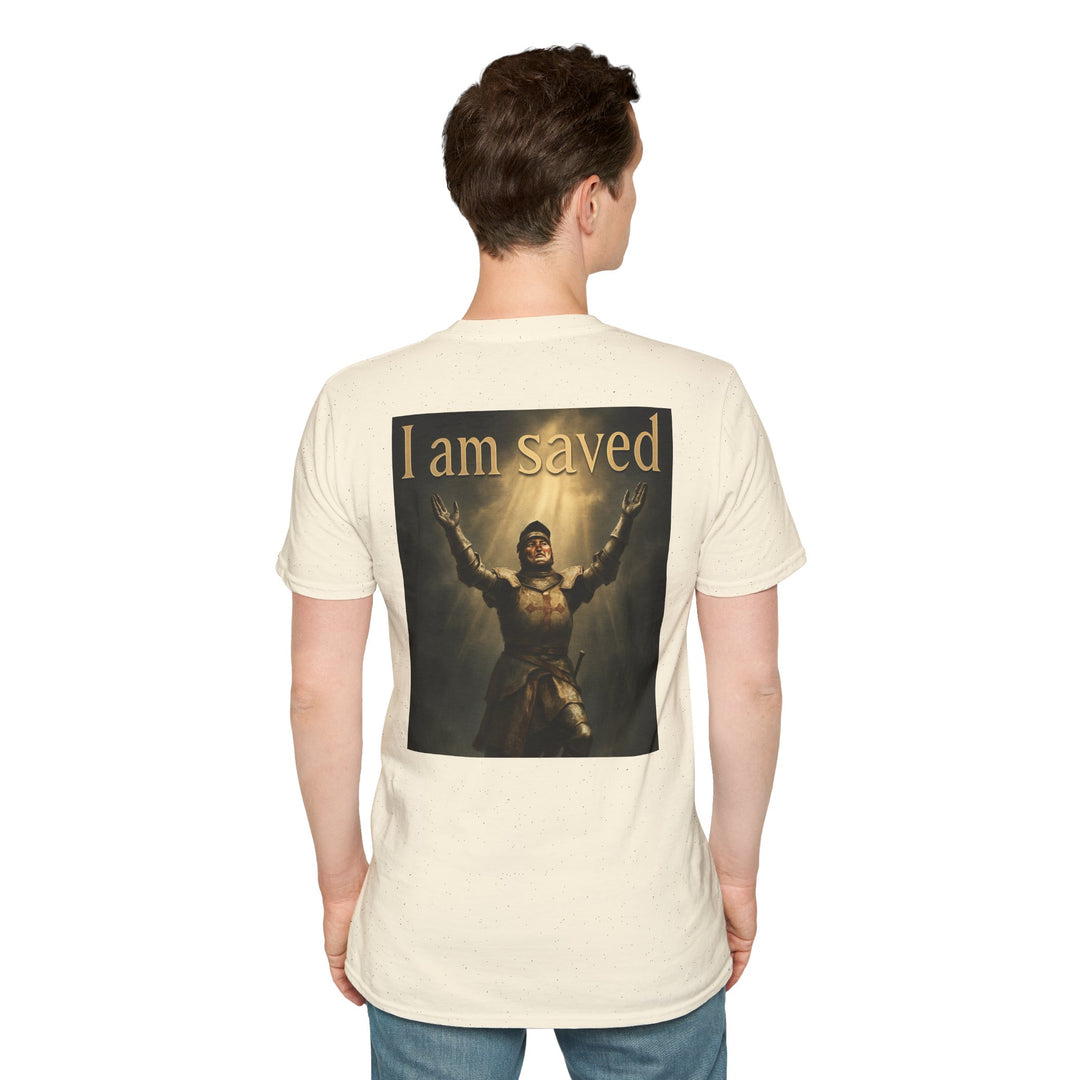 Christian Knight T-Shirt — "Through Christ Jesus" Front and "I Am Saved" Back
