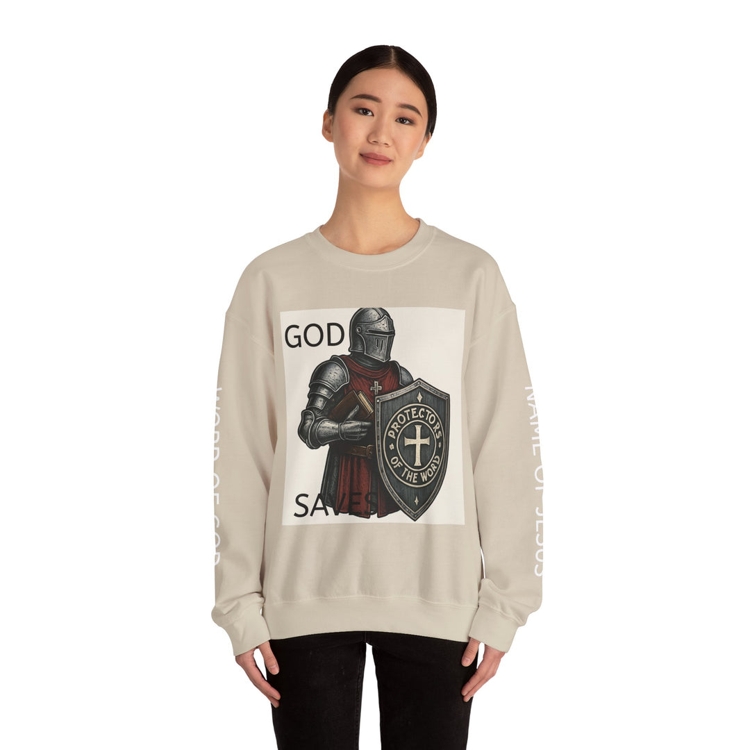 Knight Shield Crewneck Sweatshirt — "Protectors of the Word" Christian Armor Design