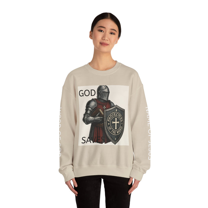 Knight Shield Crewneck Sweatshirt — "Protectors of the Word" Christian Armor Design