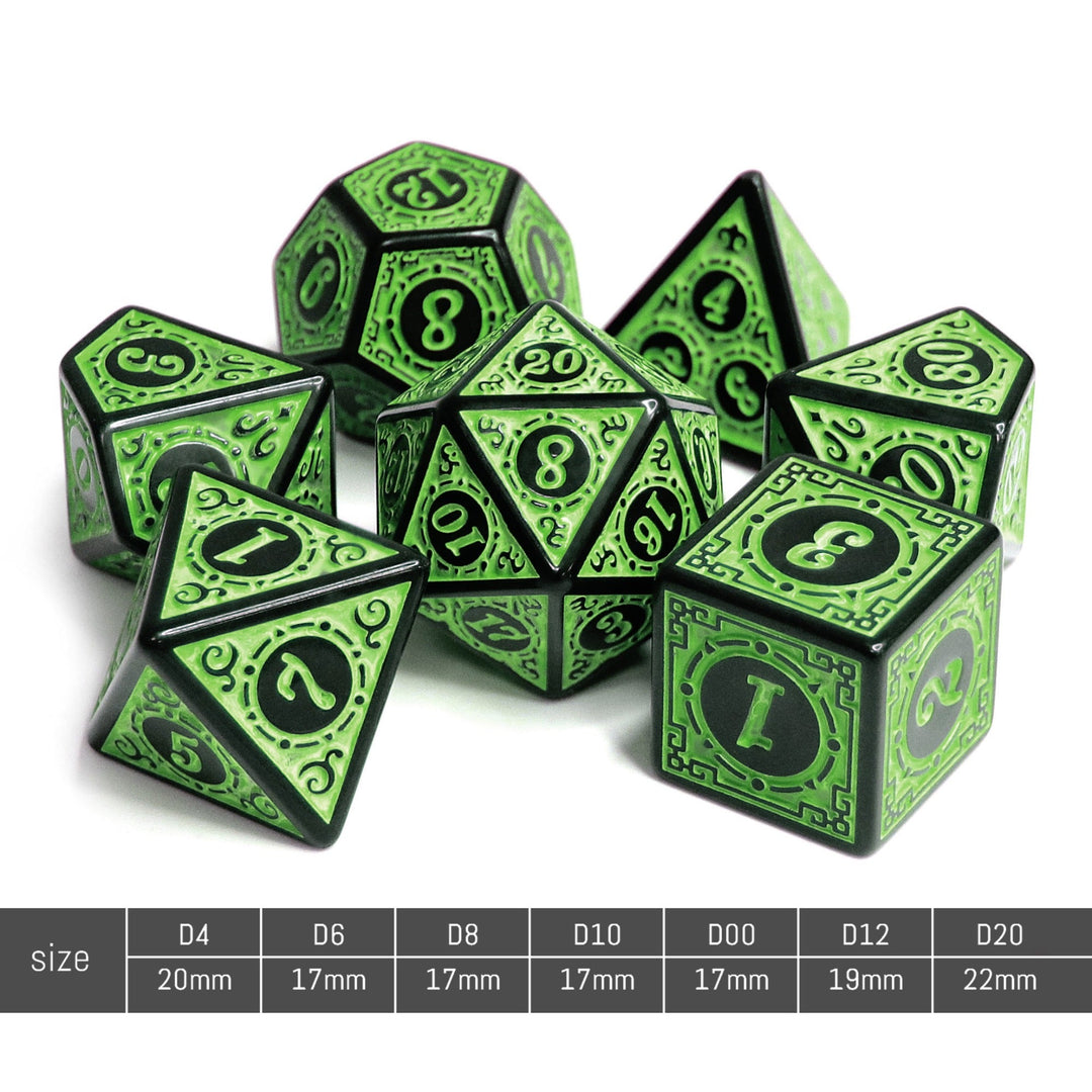 Green Magic Flame 7-Dice Set DND RPG Dice Black w/Color Fill