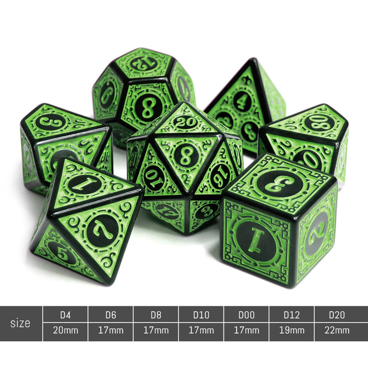 Green Magic Flame 7-Dice Set DND RPG Dice Black w/Color Fill