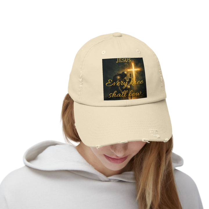 Jesus Cross Distressed Cap — "Every Knee Shall Bow" Christian Hat
